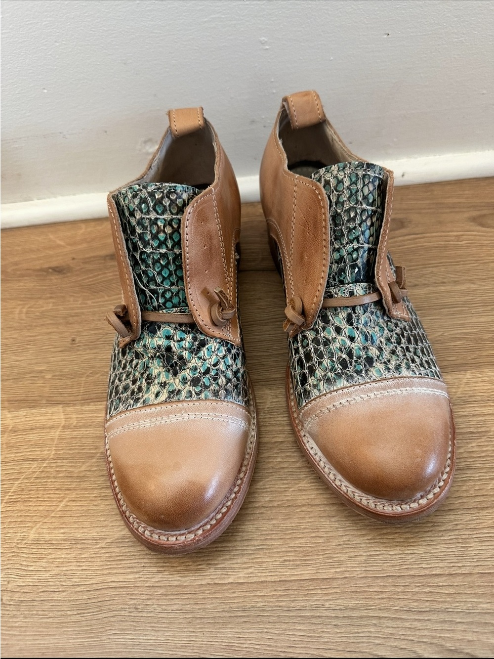 Freebird By Steven Women’s Mabel Tan Leather & Teal Snake-Pattern Casual Boots